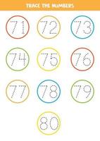 Tracing numbers from 71 to 80. Writing practice. vector