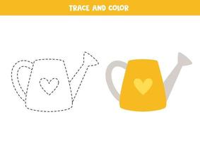 Trace and color cartoon watering can. Worksheet for children. vector