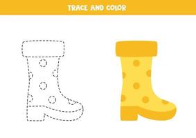 Trace and color cartoon rubber boot. Worksheet for children. vector