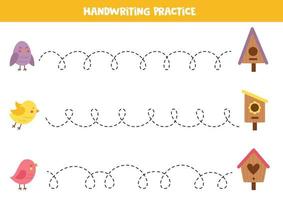 Tracing lines for kids. Cute birds flying to nesting boxes. Writing practice. vector