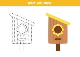 Trace and color cartoon birdhouse. Worksheet for children. vector