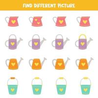 Find different picture of watering pot in each row. Logical game for girls. vector