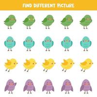 Find different picture of cute bird in each row. Logical game for girls. vector