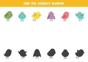 Find the correct shadows of cute birds. Logical puzzle for kids. vector