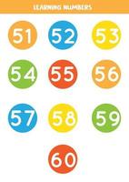 Learning numbers cards from 51 to 60. Colorful flashcards. vector