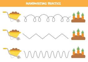 Tracing lines for kids. Wheelbarrow and carrot bed. Writing practice. vector