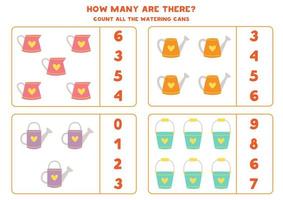 Counting game with cartoon watering cans. Educational worksheet. vector