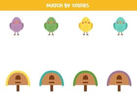 Color matching game for preschool kids. Match birds and birdhouses by colors. vector
