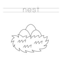 Trace the letters and color cartoon nest. Handwriting practice for kids. vector