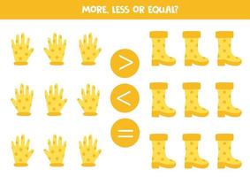 More, less, equal with garden gloves and boots. vector