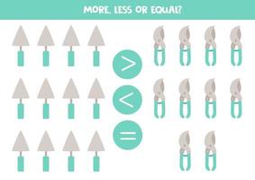 More, less, equal with cartoon garden tools. vector