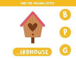 Find missing letter with cartoon birdhouse. Spelling worksheet. vector