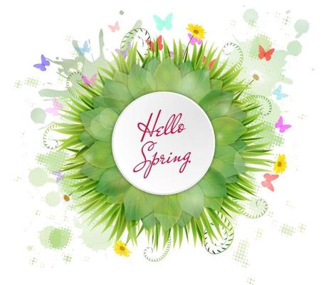 Circle frame with text hello spring and flowers