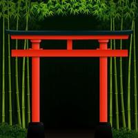 fondo de bosque de bambú oscuro con puerta japonesa roja vector