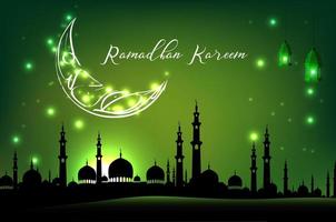 Beautiful mosque with moon on green sky background vector