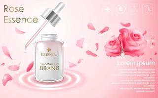 Vector illustration of Cosmetic ads template with essence bottle and red rose on light pink background