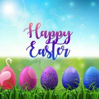 Easter background with colored easter eggs in the grass on sunny sky background vector