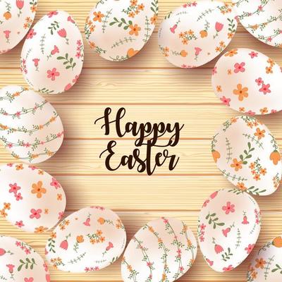 Vector illustration of Realistic Easter eggs and florals on the texture wooden background