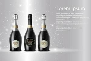 Three champagne wine bottles on sparkling background vector