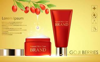 Vector illustration of berries cosmetic ads template on yellow sparkling effects background