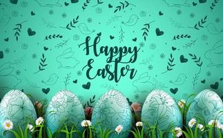 Happy Easter background with realistic eggs and daisy flowers in the grass vector