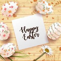 Easter Card with realistic eggs and daisy flower on wood texture background vector