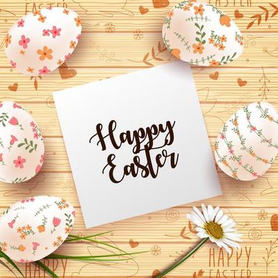 Easter Card with realistic eggs and daisy flower on wood texture background