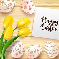 Vector illustration of Easter eggs with yellow tulips flower and paper on the texture wooden background