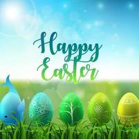 Easter background with colorful easter eggs in the grass on sunny sky background vector