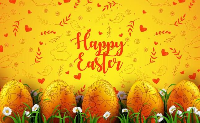 Vector illustration of Bright yellow background with realistic eggs and daisy flowers in the grass