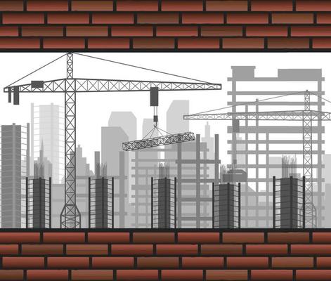 Construction crane building between two brick walls