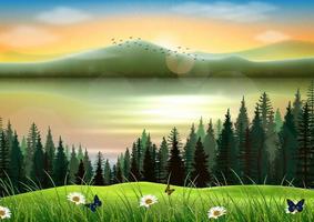 vector illustration of Mountain landscape background with lake at sunset