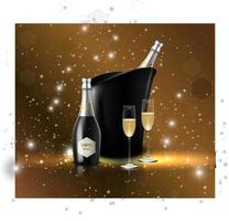 Vector illustration of  Wineglass with black wine bottles of champagne in a bucket