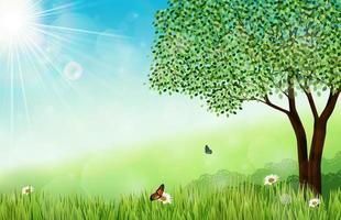 Spring background with tree and butterflies vector