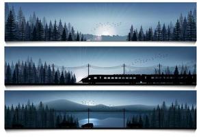 Horizontal banners with the high speed train and cars on landscape forest background.Vector illustration