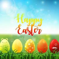 Easter background with bright easter eggs in the grass on sunny sky background vector