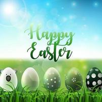 Vector illustration of Easter background with easter eggs in the grass on sunny sky background