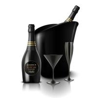 Vector illustration of  Glass of black wine and a bottle of champagne in a bucket