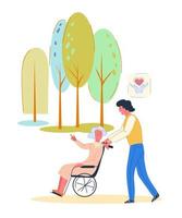 Volunteer man walking in park with elderly disabled or handicapped woman in wheelchair. Help and Support to Senior People with health problems - banner for 5th December. Cartoon vector illustration.