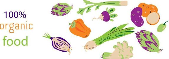 plantilla de folleto de comida vegetariana orgánica o etiqueta con iconos de verduras la ilustración de vector plano sobre fondo blanco. concepto para ferias y tiendas ecológicas veganas y de agricultores.