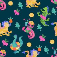 Cute cartoon dinosaurs in summer seamless pattern flat vector illustration. Dino endless texture for t-shirt prints and children items.
