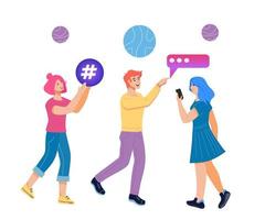 Internet network communication and social media chat concept with people characters chatting and messaging. Web technology for online marketing and connection. Flat vector illustration isolated.