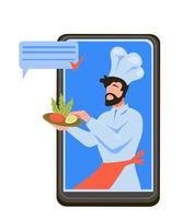 Entrega de comida en restaurantes y concepto de aplicación móvil para llevar con plato de sujeción de personaje de chef. pedidos de comida en línea, cocina y transporte rápido. ilustración vectorial plana aislada. vector