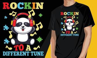 Rocking to a different tune funny panda autism t-shirt colorful puzzle music design. vector