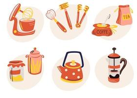 Kitchen elements. Cooking tools icon. Spatulas, teapot, coffee and tea, french press. Vector cartoon illustration isolated on the white background.