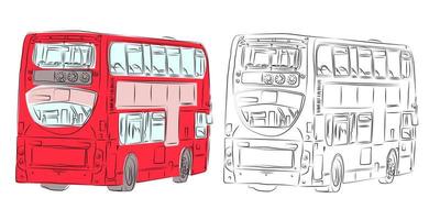 London double-decker modern bus in red and pencil drawing with rear view. Red bus. vector