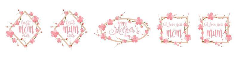 Mother day frame set with pink cherry flowers. Mom and Mum versions template. Cute layout for sale banner. vector
