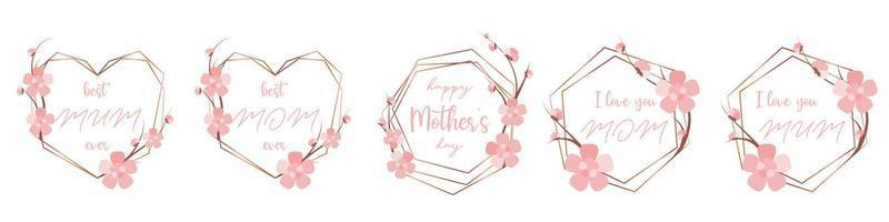 Polygonal frames for Mothers day celebration. Geometric card template with flowers