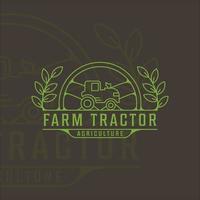 farm tractor logo line art vintage vector illustration template icon graphic design. agriculture landscape view with badge retro