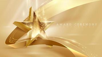 3d gold star with ribbon element and glitter light effect decoration and bokeh and beam. Luxury award ceremony background. vector